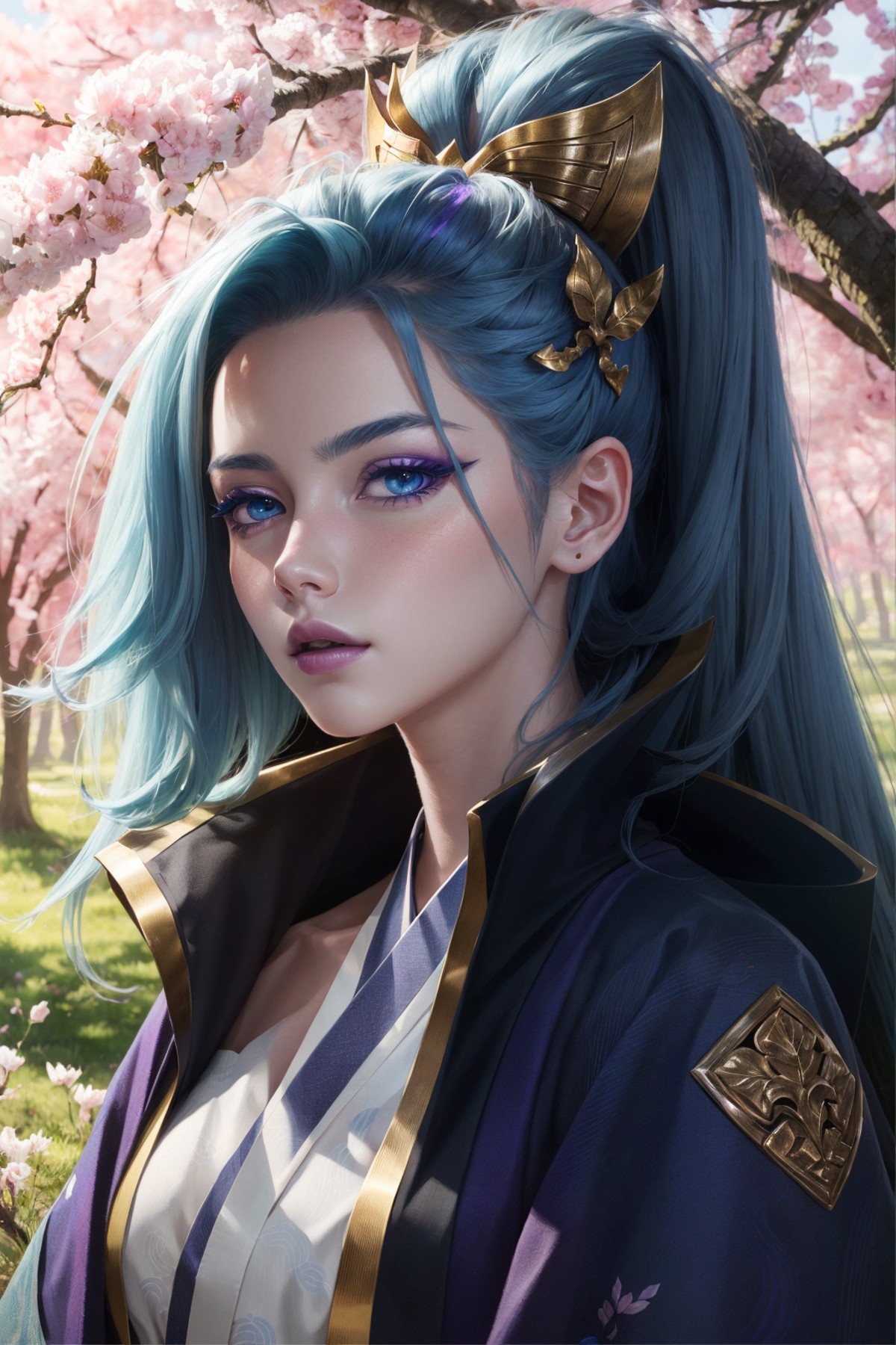 spirit blossom vayne, 1girl, kimono, hair ornament, blue hair, detailed face, looking at viewer, potrait, close-up, forest...